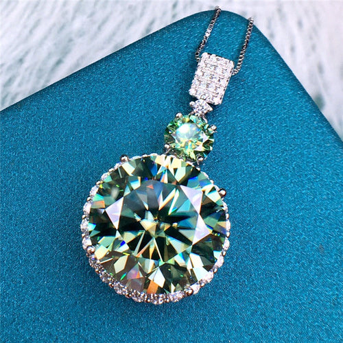 16 Carat Blue Green Round Cut Two Stone Subtle Halo VVS Moissanite Necklace