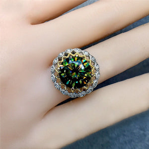 5 Carat Green Round Cut Two-tone Sunflower Halo Certified VVS Moissanite Ring