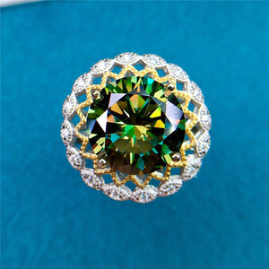 5 Carat Green Round Cut Two-tone Sunflower Halo Certified VVS Moissanite Ring