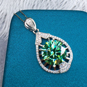 6 Carat Blue Green Round Cut 4 Prong Beaded Water Drop VVS Moissanite Necklace
