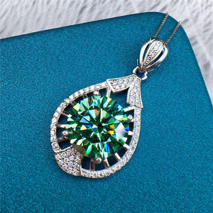 6 Carat Blue Green Round Cut 4 Prong Beaded Water Drop VVS Moissanite Necklace