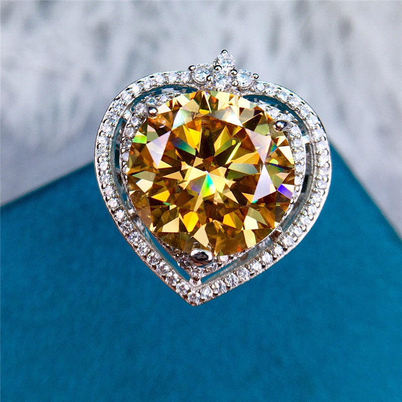 8 Carat Round Moissanite Ring Double Heart Beaded Halo Certified VVS Vivid Yellow