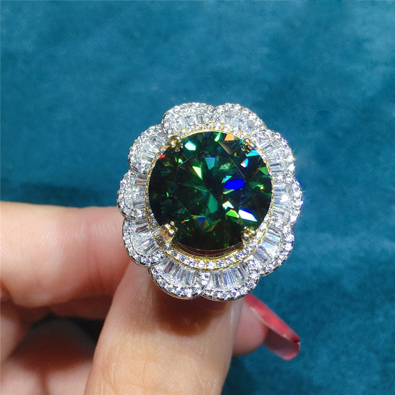 10 Carat Green Round Cut Triple Halo Vintage Floral Certified VVS Moissanite Ring
