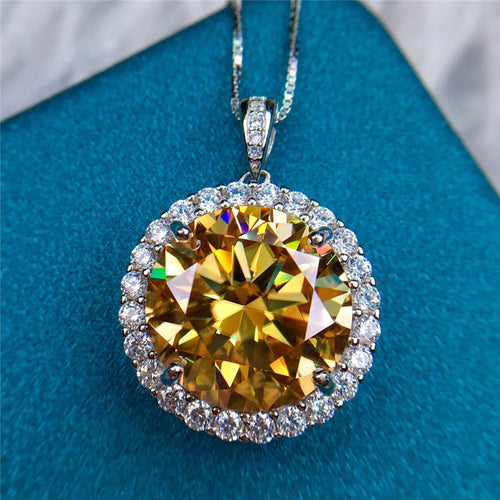 10 Carat Yellow Round Cut Halo Certified VVS Moissanite Necklace