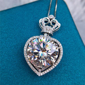 11 Carat D Color Round Double Floating Heart Halo Princess Crown Moissanite Necklace