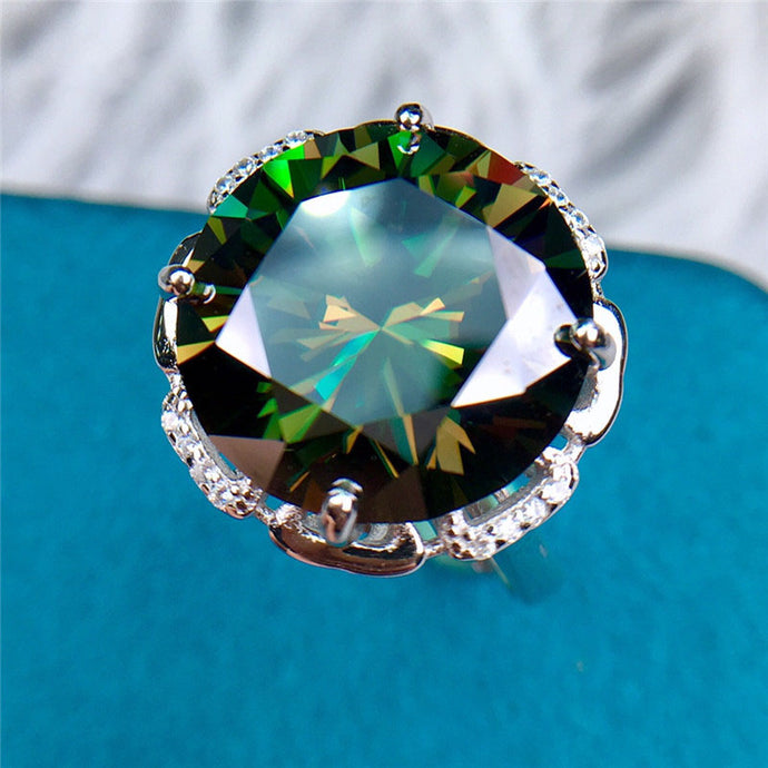 13 Carat Green Round Cut Rose Halo Straight Shank Certified VVS Moissanite Ring