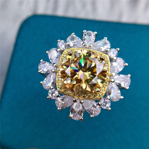 5 Carat Round Cut Moissanite Ring Square Double Halo Snowflake Certified VVS Yellow