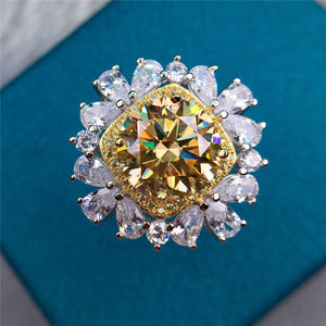 5 Carat Round Cut Moissanite Ring Square Double Halo Snowflake Certified VVS Yellow