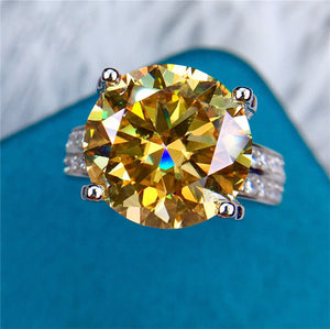 8 Carat Round Moissanite Ring 4 Prong Bead-set Double-Band Certified VVS Vivid Yellow