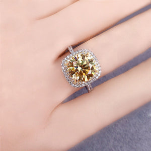 3 Carat Round Cut Moissanite Ring Square Double Halo French Pave VVS Yellow