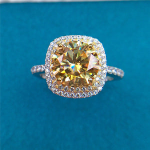 3 Carat Round Cut Moissanite Ring Square Double Halo French Pave VVS Yellow