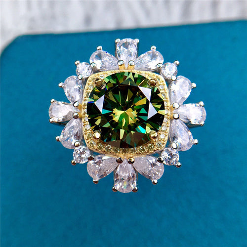 5 Carat Green Round Cut Two-tone Square Halo Starburst Certified VVS Moissanite Ring