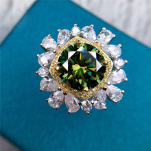 Load image into Gallery viewer, 5 Carat Green Round Cut Two-tone Square Halo Starburst Certified VVS Moissanite Ring