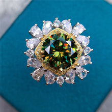 Load image into Gallery viewer, 5 Carat Green Round Cut Two-tone Square Halo Starburst Certified VVS Moissanite Ring