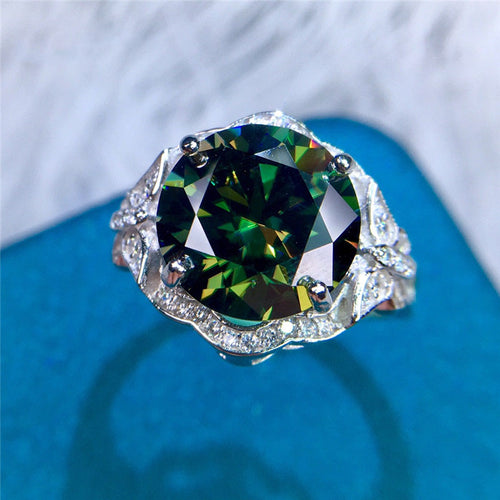 5 Carat Green Color Round Cut Vintage Butterfly Shank Floating Halo Moissanite Ring