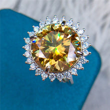 Load image into Gallery viewer, 10 Carat Round Moissanite Ring Sunburst Halo Certified VVS Vivid Yellow