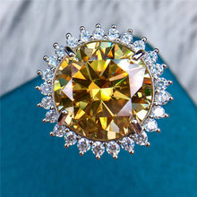 Load image into Gallery viewer, 10 Carat Round Moissanite Ring Sunburst Halo Certified VVS Vivid Yellow