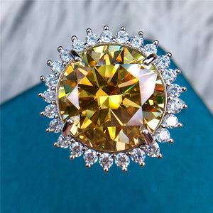 10 Carat Round Moissanite Ring Sunburst Halo Certified VVS Vivid Yellow