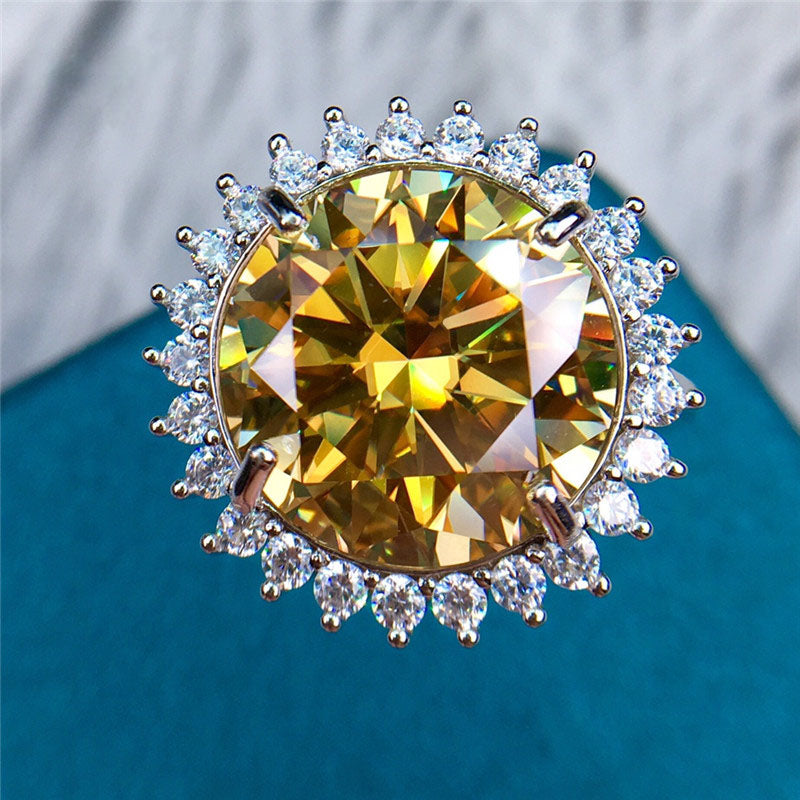 10 Carat Round Moissanite Ring Sunburst Halo Certified VVS Vivid Yellow