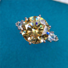 Load image into Gallery viewer, 5 Carat Round Cut Moissanite Ring 6 Prong Three-Stone Milgrain Certified VVS Yellow