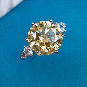 5 Carat Round Cut Moissanite Ring 6 Prong Three-Stone Milgrain Certified VVS Yellow