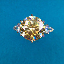 Load image into Gallery viewer, 5 Carat Round Cut Moissanite Ring 6 Prong Three-Stone Milgrain Certified VVS Yellow