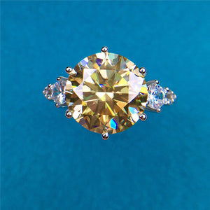 5 Carat Round Cut Moissanite Ring 6 Prong Three-Stone Milgrain Certified VVS Yellow