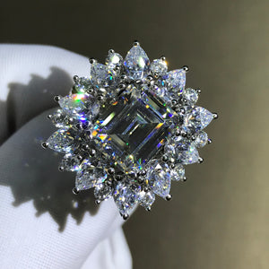 5 Carat Emerald Cut Moissanite Ring Starburst Halo VVS G-H Colorless