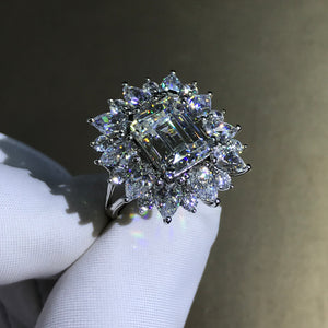 5 Carat Emerald Cut Moissanite Ring Starburst Halo VVS G-H Colorless