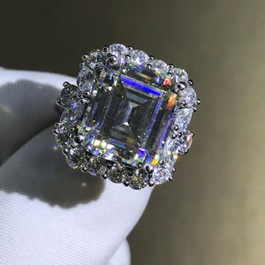 6 Carat Emerald Cut Moissanite Ring Halo Plain Shank VVS G-H Colorless
