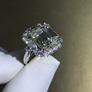 6 Carat Emerald Cut Moissanite Ring Halo Plain Shank VVS G-H Colorless