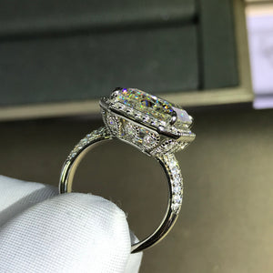 10 Carat Emerald Cut Moissanite Ring G-H Colorless VVS Halo Bead-set