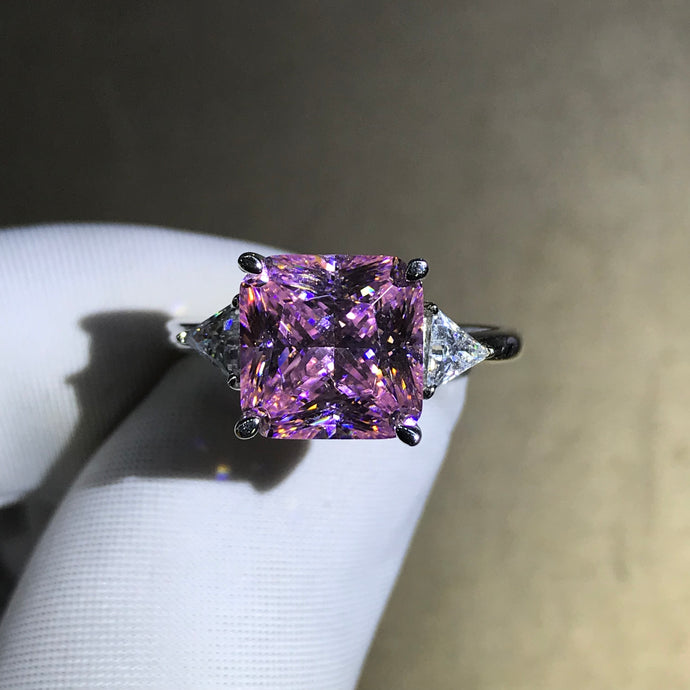 8 Carat Radiant Cut Moissanite Pink VVS 4 Claw Three Stone