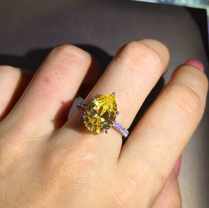6 Carat Pear cut Moissanite Ring Vivid Yellow 5 Claw Basket French Pave