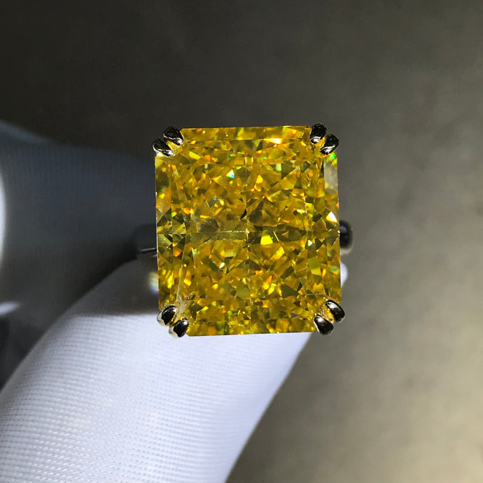 15 Carat Radiant Moissanite Ring Vivid Yellow VVS Double Claw Solitaire Cathedral