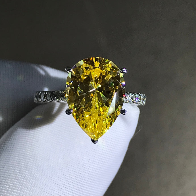 6 Carat Pear cut Moissanite Ring Vivid Yellow 5 Claw Basket French Pave