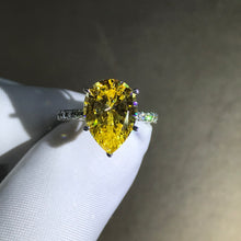 Load image into Gallery viewer, 6 Carat Pear cut Moissanite Ring Vivid Yellow 5 Claw Basket French Pave