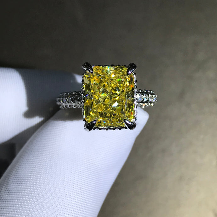 5 Carat Radiant Cut Moissanite Ring Vivid Yellow VVS Hidden Halo Bead-set Pave