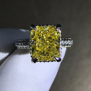 5 Carat Radiant Cut Moissanite Ring Vivid Yellow VVS Hidden Halo Bead-set Pave