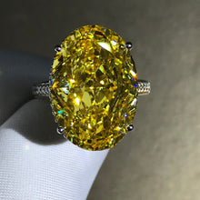 Load image into Gallery viewer, 30 Carat Oval Cut Moissanite Ring Vivid Yellow VVS Cathedral Hidden Halo Bead-set