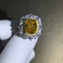 Load image into Gallery viewer, 5 Carat Cushion Cut Moissanite Ring Deep Yellow VVS Two-tone Double Halo Pave