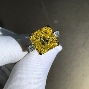 6 Carat Radiant Cut Moissanite Ring Vivid Yellow VVS Two-tone Shared Prong Shank