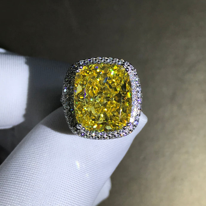 8 Carat Cushion Cut Moissanite Ring Vivid Yellow VVS Double Edge Halo Cathedral Pave