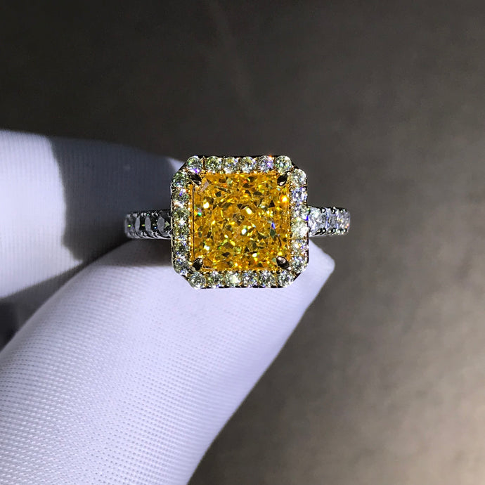 2 Carat Square Radiant Cut Moissanite Ring Vivid Yellow VVS Halo French Pave