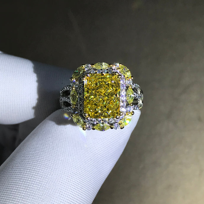 4 Carat Yellow Radiant Cut Moissanite Ring VVS Two-tone Double Halo
