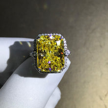Load image into Gallery viewer, 8 Carat Yellow Radiant Cut Moissanite Ring VVS Halo Basket Three Stone