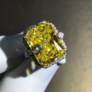 8 Carat Yellow Radiant Cut Moissanite Ring VVS Halo Basket Three Stone