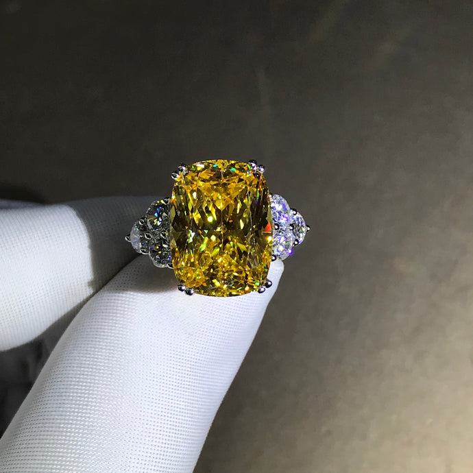 10 Carat Cushion Cut Moissanite Ring Vivid Yellow VVS 7 Stone