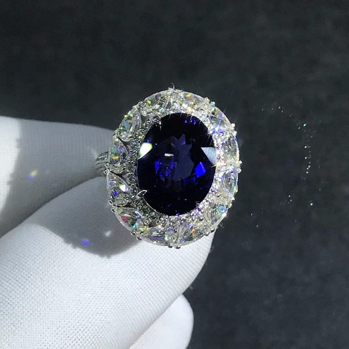 7.3 Carat Oval Cut Blue Lab Grown Sapphire with Durable 9K Gold Ring
