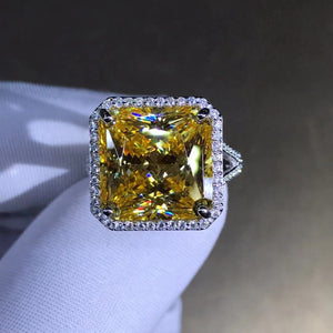 11.5 Carat Square Radiant cut Moissanite Ring Deep Yellow VVS Halo Split Shank